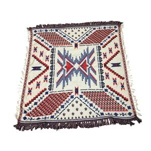Wilfred 100% Cotton Aztec Southwestern‎ Square Red Blue Fringe Shawl Scarf Wrap